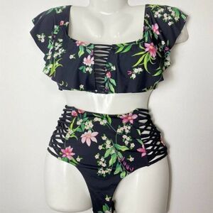 TiNi BiKiNi Black floral flounce high waisted 2 piece Xlarge bikini